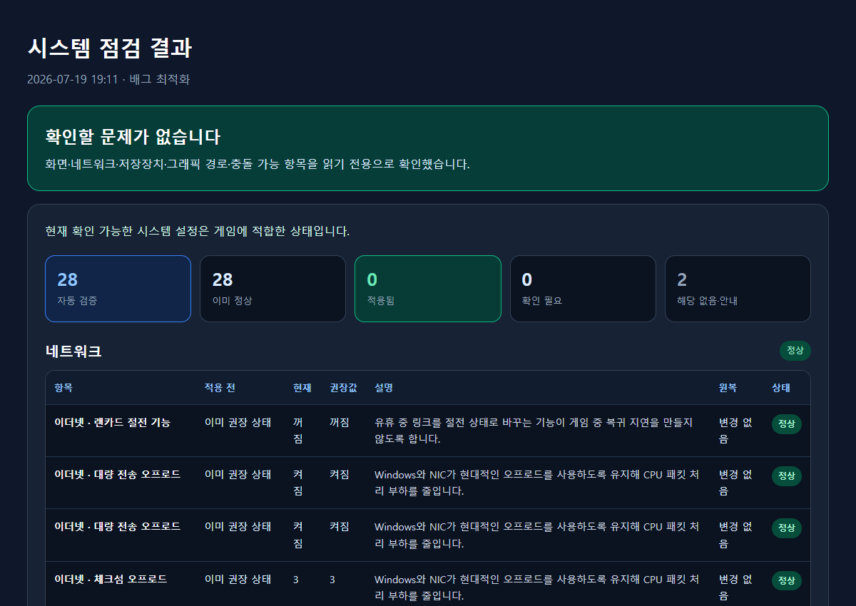 확인 항목과 시스템 점검 결과를 보여주는 보고서
